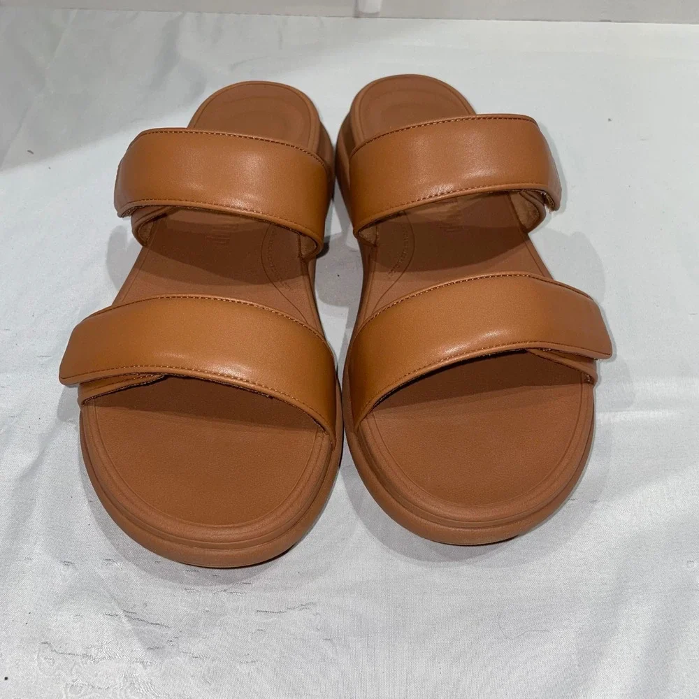 FitFlop F-Mode Go Adjustable Flatform Two-Bar Slides Deep Tan IW2-C15 Womens 10